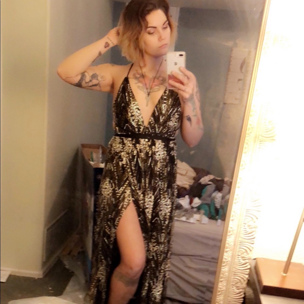 Spring beaded open back dress with side slit